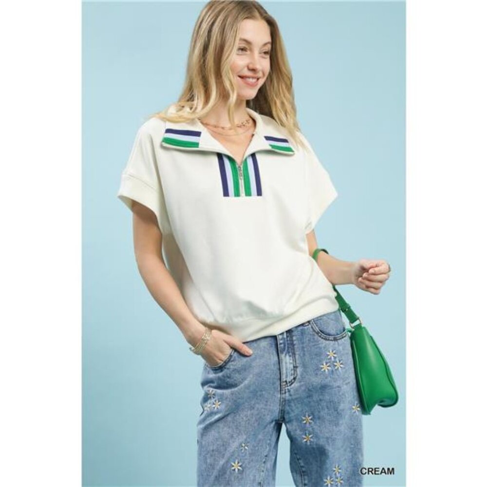 Umgee Striped Collared Neck Half-Zip Top